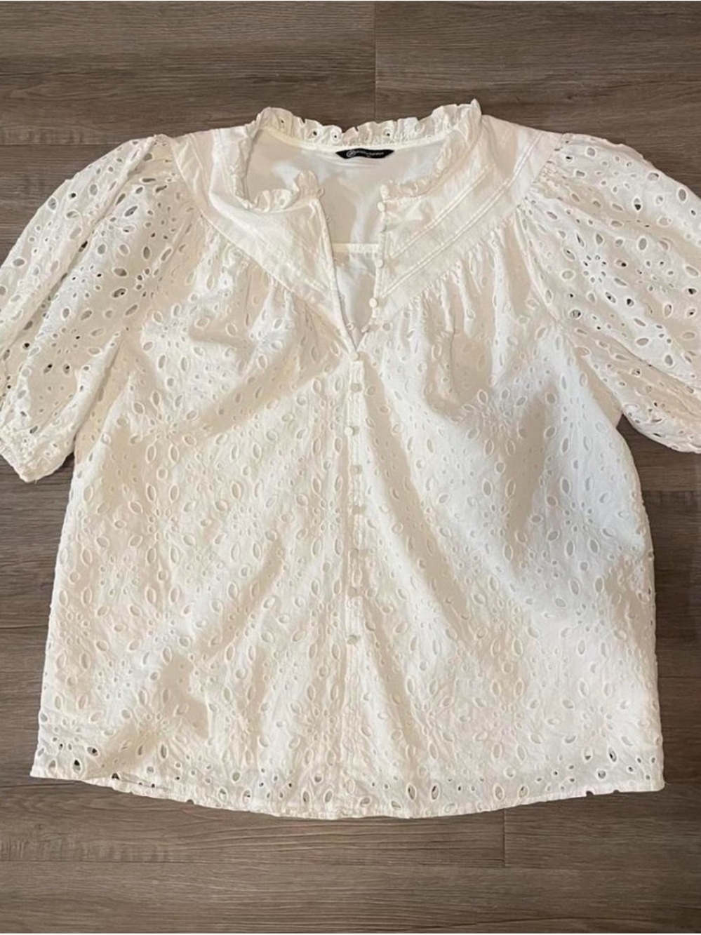 White Eyelet Puff-Sleeve Cotton Blouse